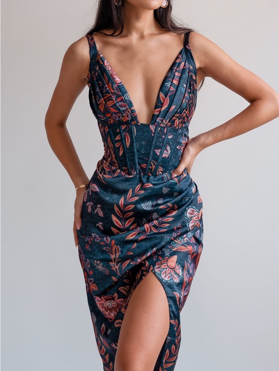 Averie Dresses & Skirts - Averie Teal Floral Plunge Corseted Midi Dress NWT